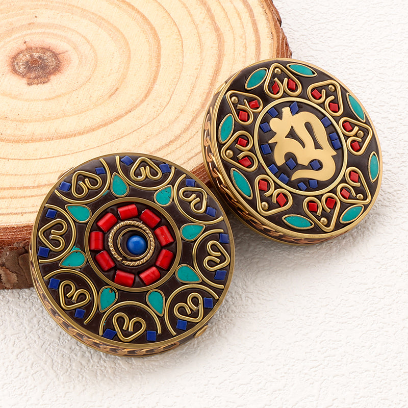 Round Tibetan Style Beads Brass Turquoise Coral Inlay Beads For Jewelry Making