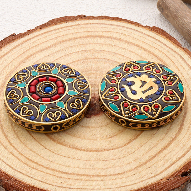 Round Tibetan Style Beads Brass Turquoise Coral Inlay Beads For Jewelry Making