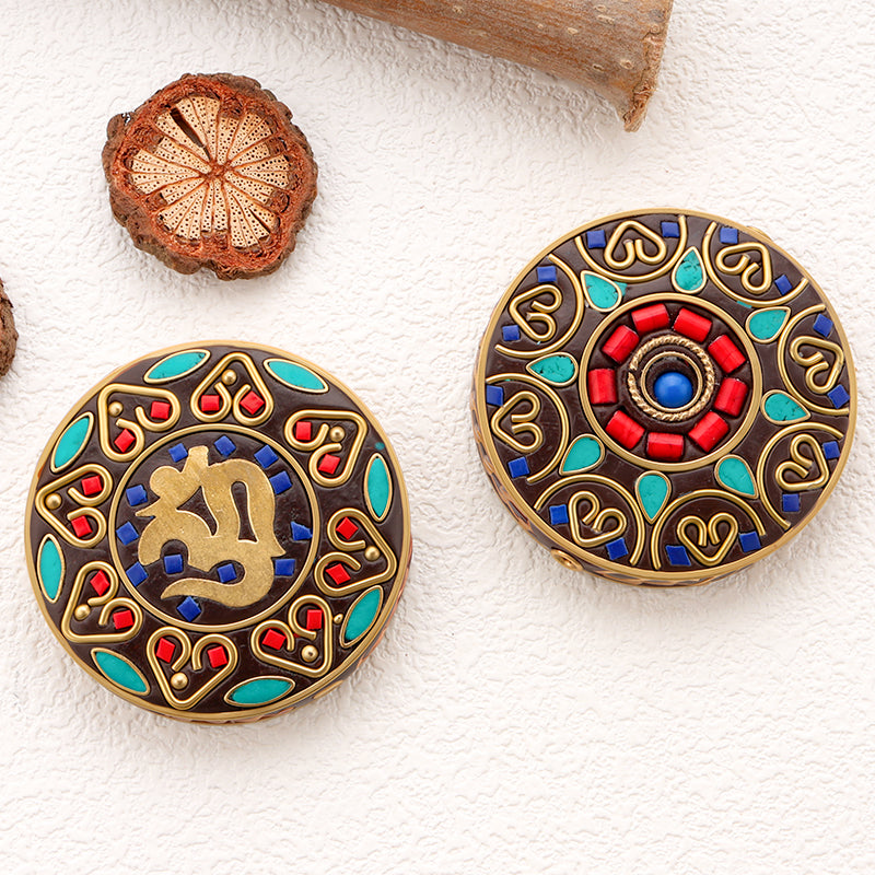 Round Tibetan Style Beads Brass Turquoise Coral Inlay Beads For Jewelry Making