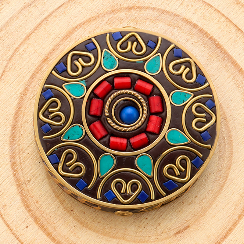 Round Tibetan Style Beads Brass Turquoise Coral Inlay Beads For Jewelry Making
